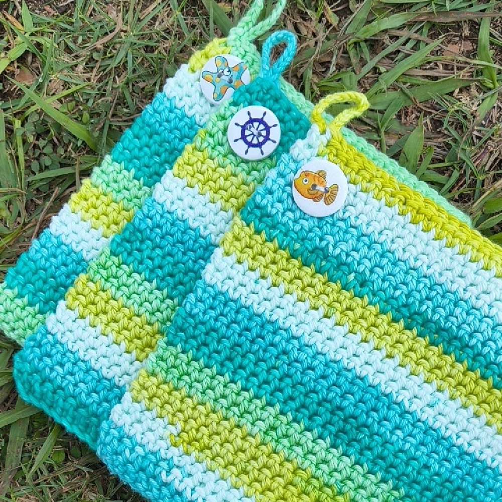 Handmade Kids Crochet Washcloths in Aqua, Lime & White